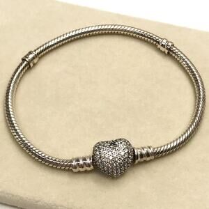 Pandora Moments Sparkling Heart Pave CZ Snake Chain Charm Bracelet 925 Sterling